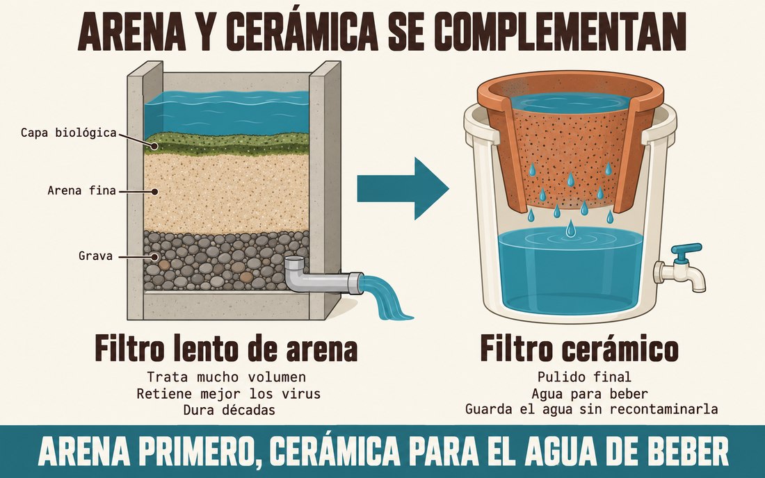 Infografía: un filtro lento de arena en corte, con capa biológica, arena fina y grava, conectado con una flecha a un filtro cerámico de olla en balde con llave. El de arena trata mucho volumen, retiene mejor los virus y dura décadas; el cerámico da el pulido final, el agua para beber y la guarda sin recontaminarla.