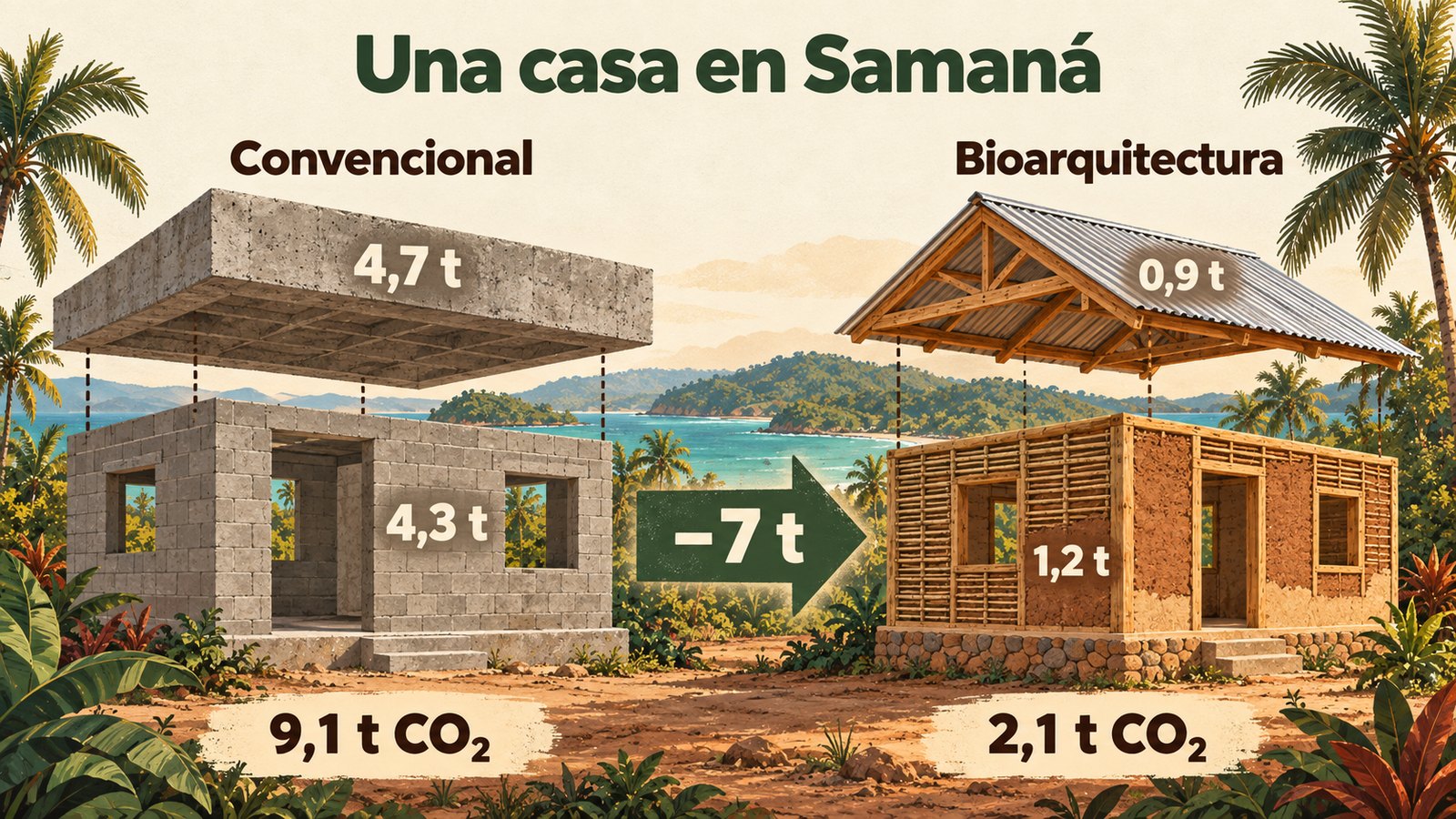 Infografía: casa convencional con losa de 4,7 t y muros de 4,3 t, total 9,1 t de CO₂, frente a casa de bioarquitectura con techo de 0,9 t y muros de 1,2 t, total 2,1 t de CO₂.