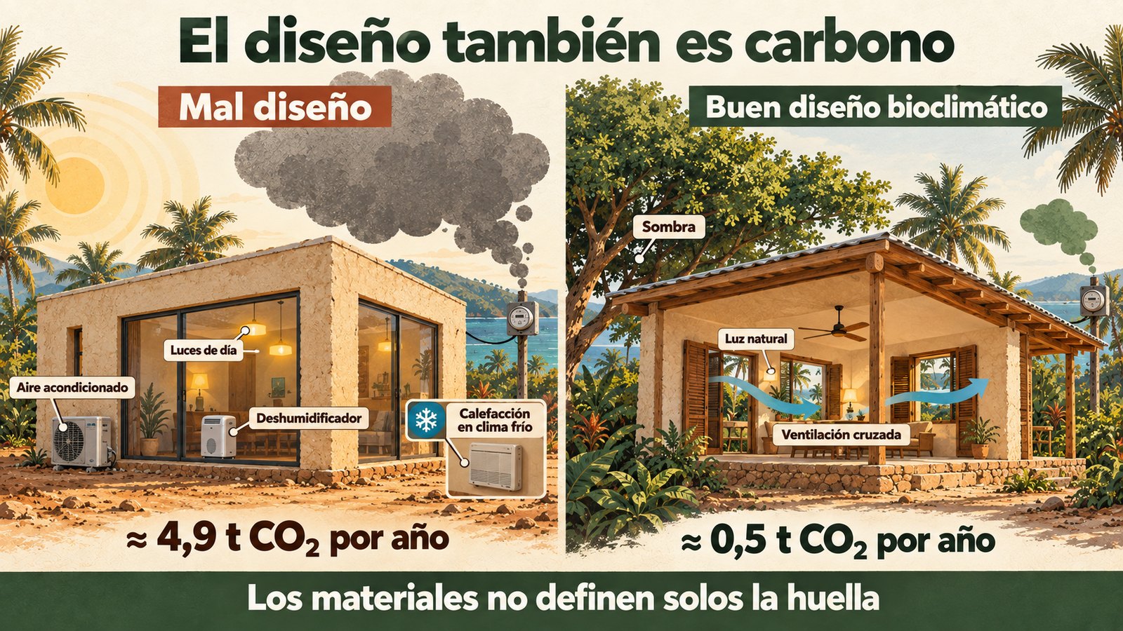 Infografía: dos casas de tierra con los mismos materiales. Con mal diseño necesita aire acondicionado, luces de día, deshumidificador y calefacción, unas 4,9 t de CO₂ por año; con buen diseño bioclimático, sombra, luz natural y ventilación cruzada, unas 0,5 t por año.