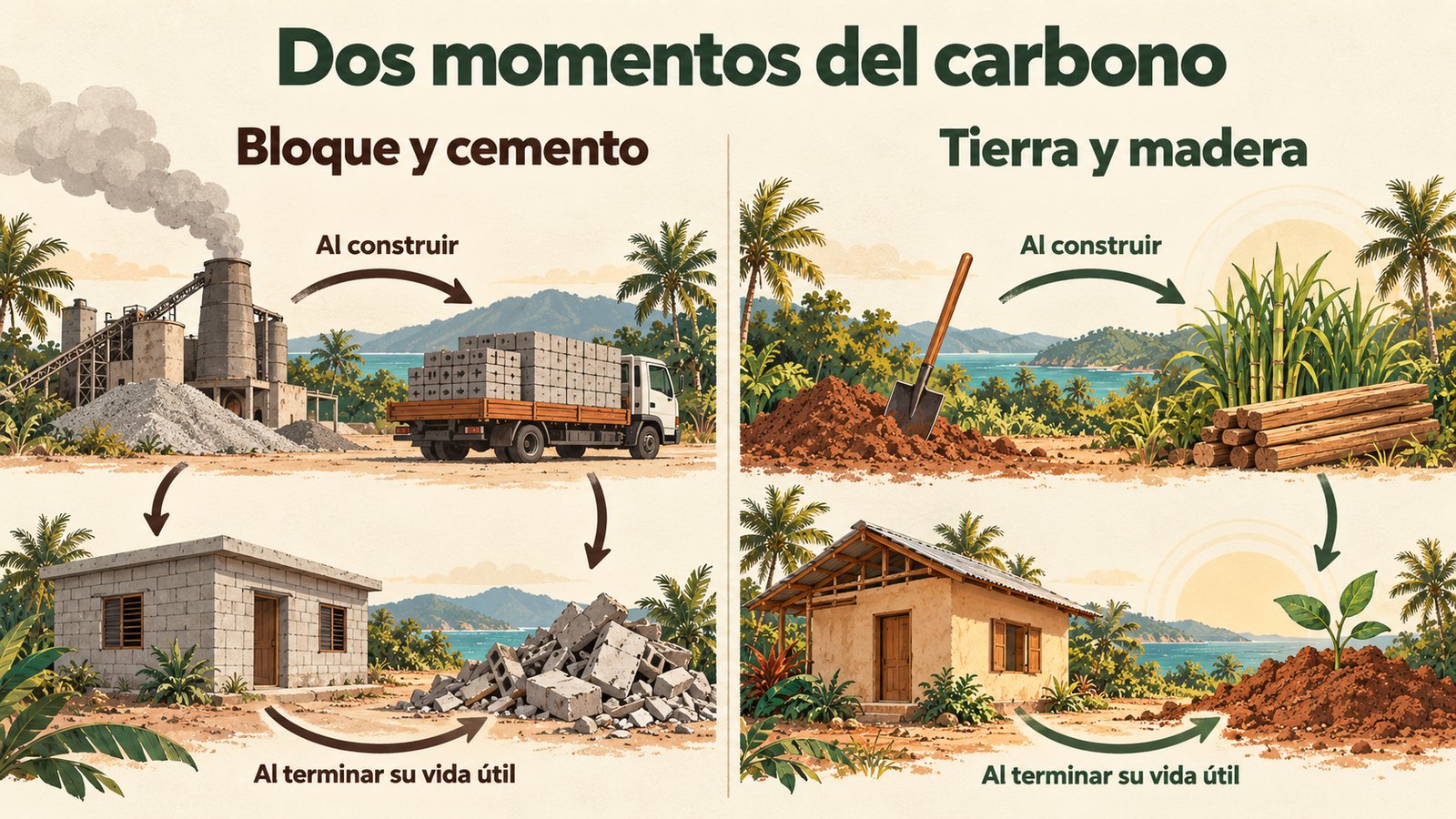 Infografía: a la izquierda, bloque y cemento desde el horno industrial hasta el escombro; a la derecha, tierra y madera desde el terreno hasta volver al suelo.