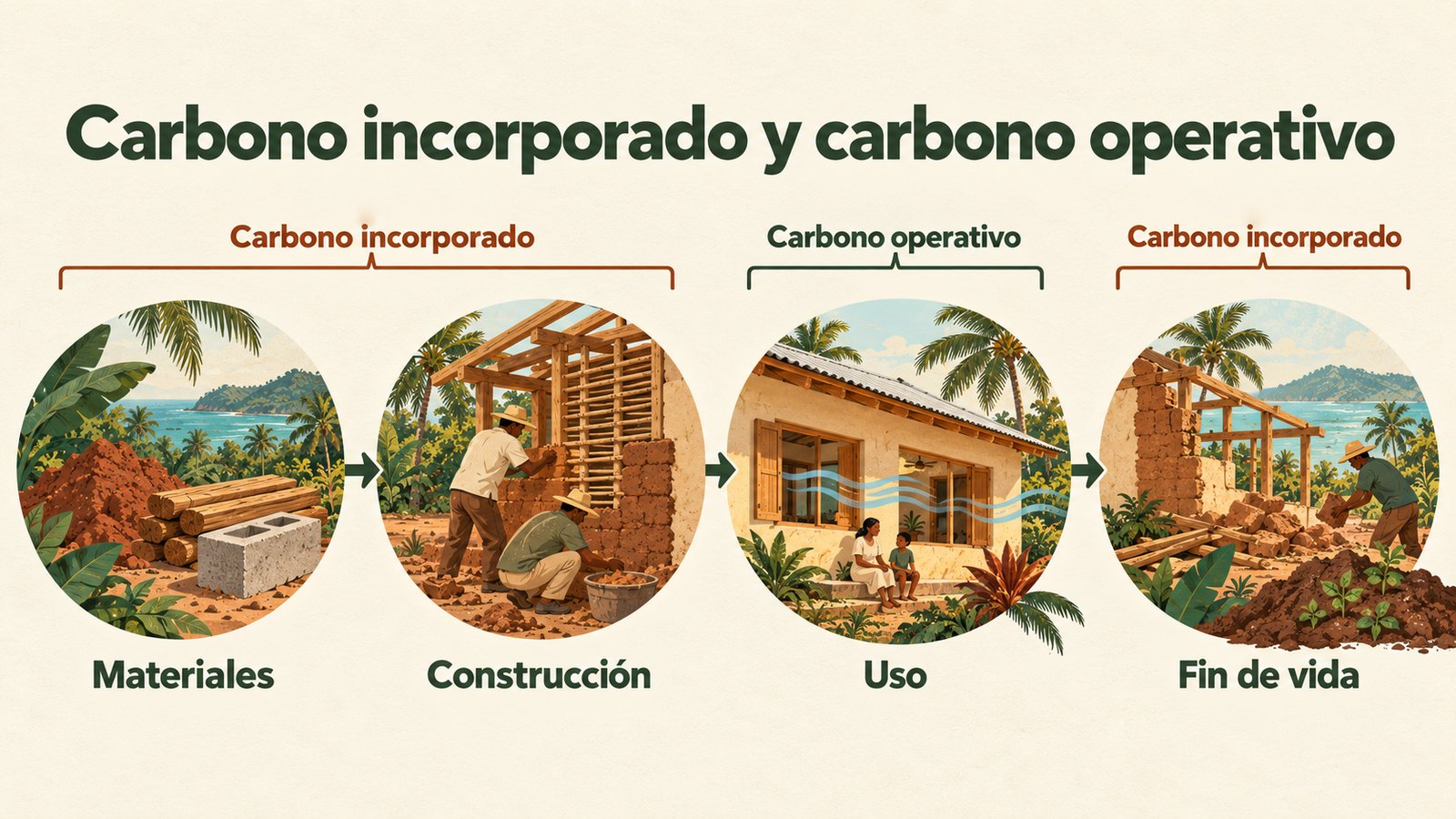 Infografía: línea de tiempo de la vida de una casa — materiales, construcción, uso y fin de vida — con el carbono incorporado y el operativo señalados.