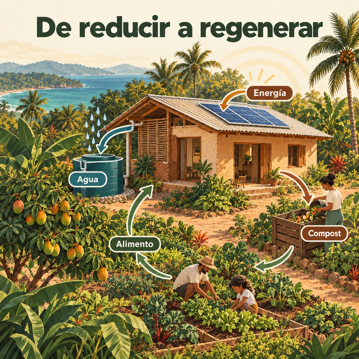 Infografía: casa de barro conectada a su entorno en un ciclo — agua de lluvia a un tanque, paneles solares, compost y huerta que alimenta a la familia.