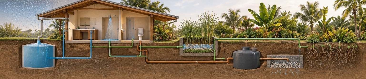 Diagrama del ciclo del agua en una propiedad turística: captación de lluvia, uso, aguas grises, aguas negras y reúso, con las etapas de pretratamiento, tratamiento y potabilización claramente diferenciadas.