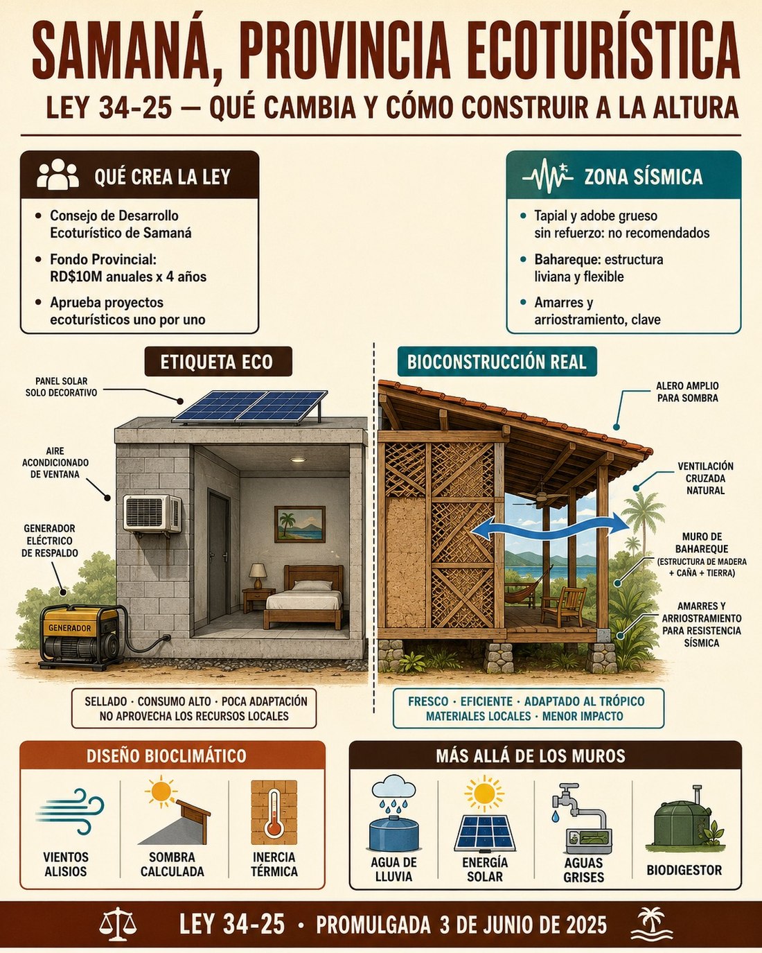 Infografía comparativa entre un proyecto con etiqueta eco convencional y una vivienda de bioconstrucción real en Samaná, con diseño bioclimático y sistemas de agua, energía y residuos.