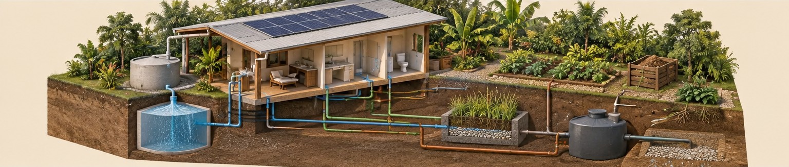 Infografía de una propiedad turística mostrando en corte los cuatro sistemas de infraestructura invisible: agua, energía, residuos y saneamiento, con el mismo peso visual que la arquitectura de la villa.