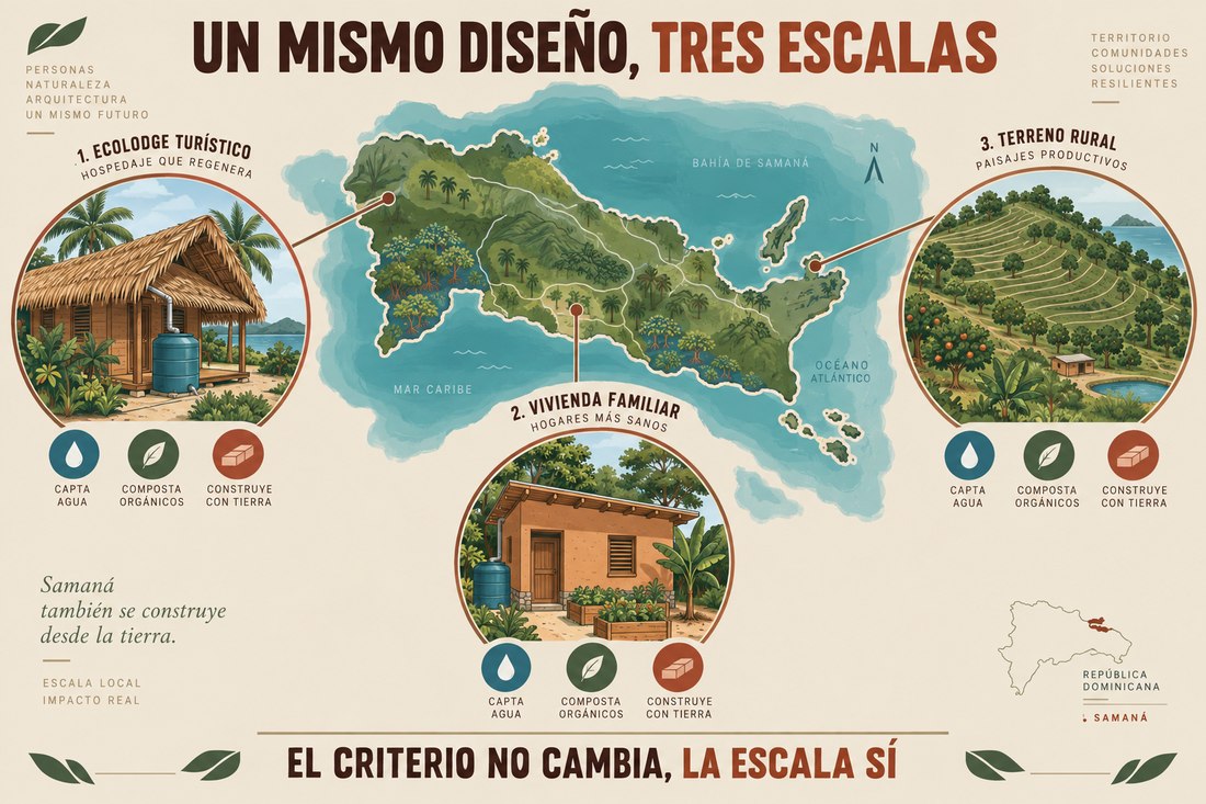Mapa ilustrado de la provincia de Samaná mostrando diseño holístico aplicado a un proyecto turístico, una vivienda familiar y un terreno rural, con captura de agua, composta y bioconstrucción en cada escala