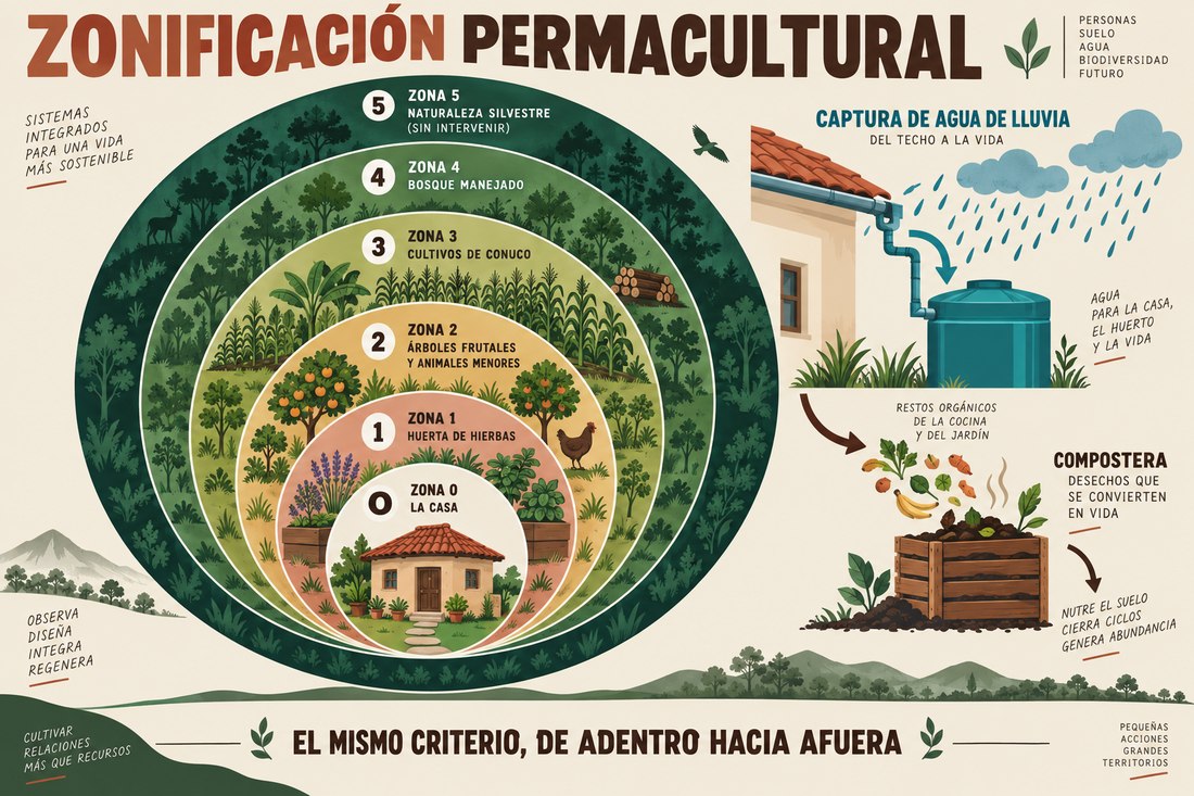 Infografía de un terreno en Samaná diseñado con zonificación permacultural, captura de agua de lluvia y ciclo de composta