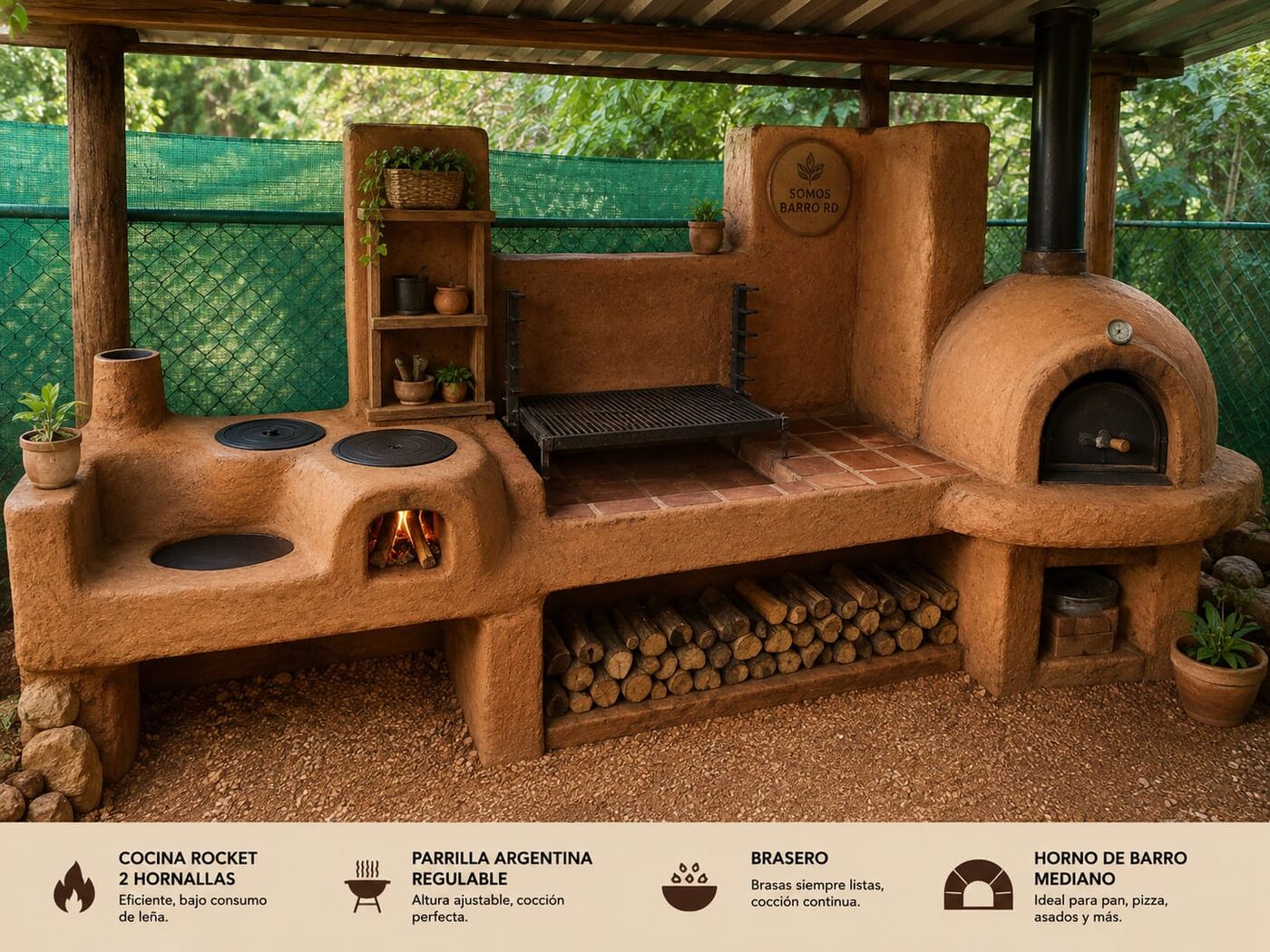 Cocina exterior de barro Piro Barro, con cocina rocket, parrilla argentina, brasero y horno de barro integrados