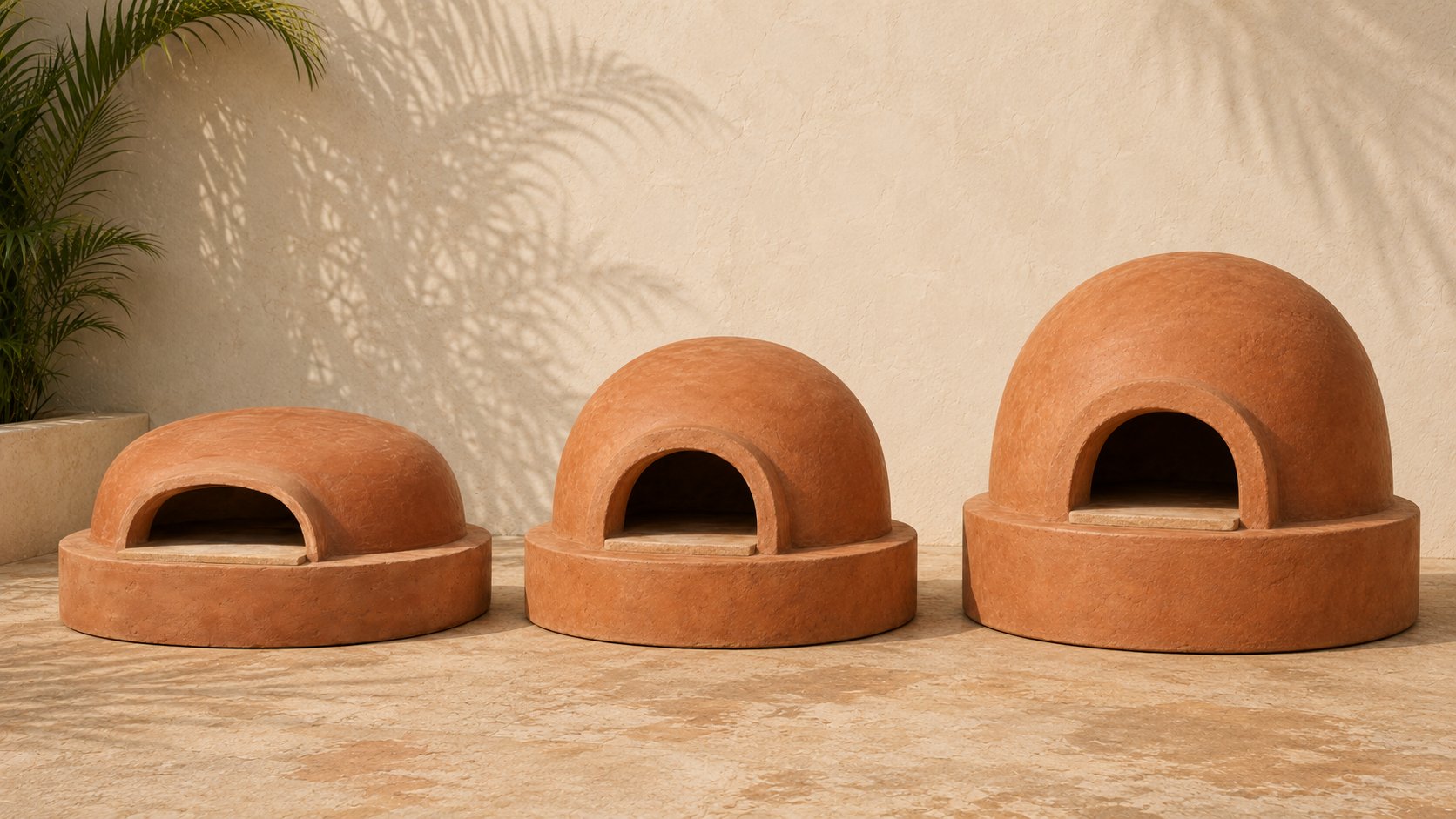 Comparativa de los tres hornos Piro Barro: Napo, Mixto y Masa, mostrando la diferencia de altura y volumen