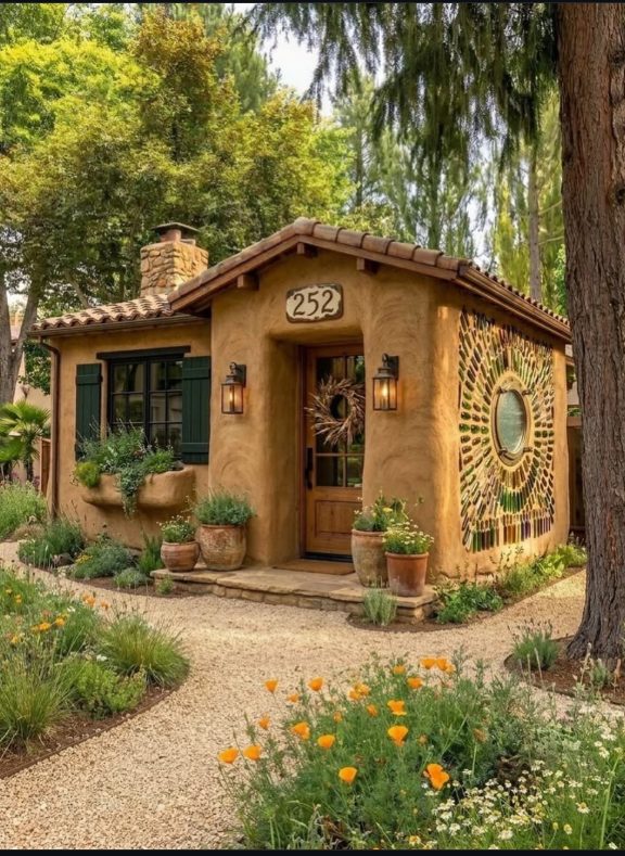 Casita de estilo mediterráneo con muro de tierra estucado, techo de teja, postigos verdes, detalle circular de mosaico y jardín silvestre