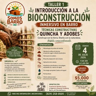 Afiche del Taller 1: Introducción a la Bioconstrucción, quincha y adobes, 4 de julio de 2026