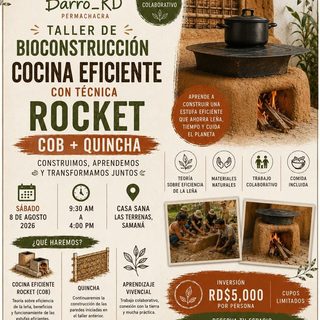 Afiche del Taller 2: Cocina eficiente con técnica Rocket, cob y quincha, 8 de agosto de 2026