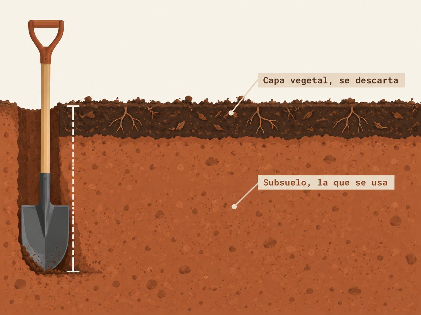 Corte de perfil de suelo mostrando la capa vegetal orgánica con raíces, que se descarta, y el subsuelo mineral de color uniforme, que se usa para construir, con una pala marcando la profundidad de excavación