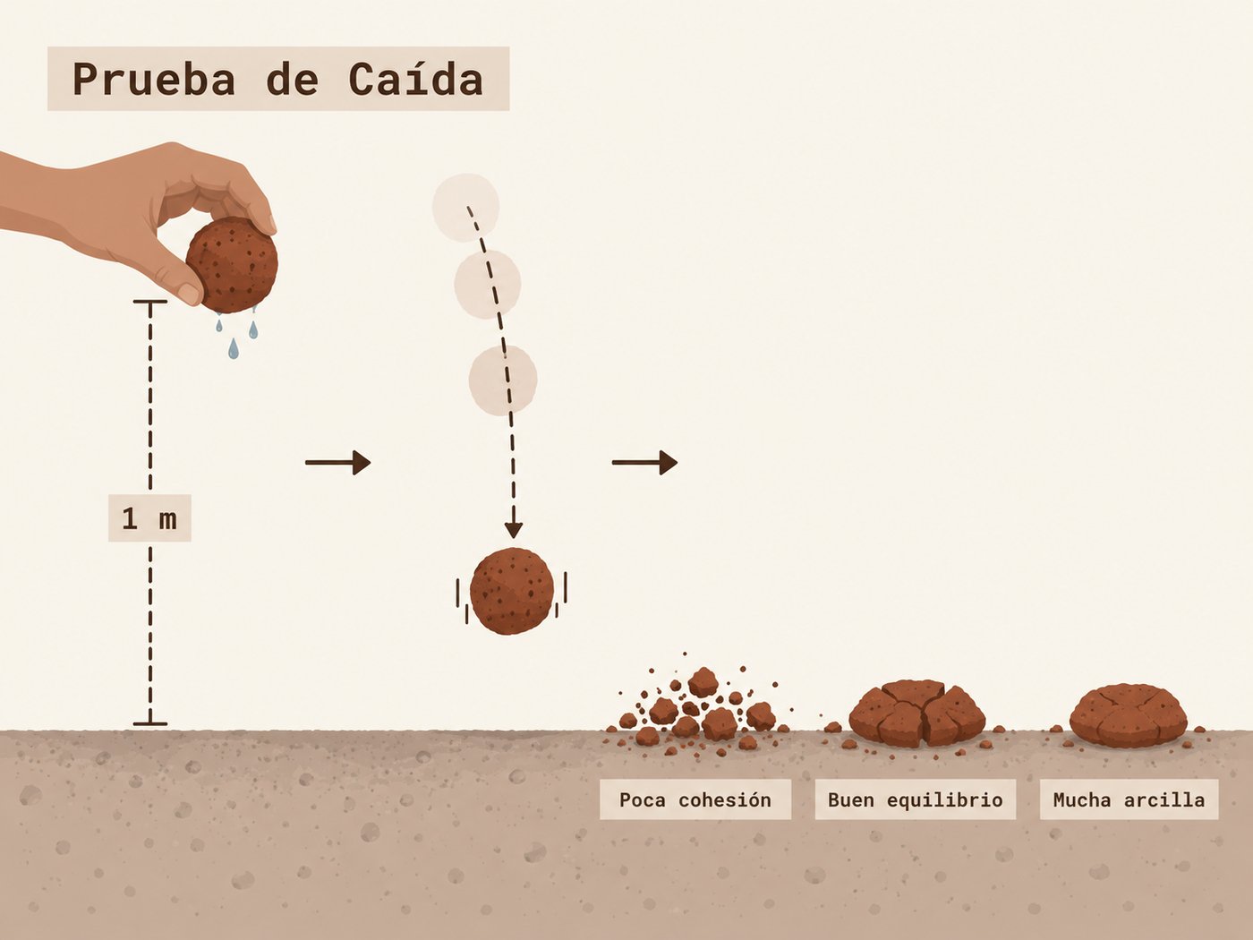 Secuencia de la prueba de caída: una mano suelta una bola de tierra húmeda desde un metro de altura, y el resultado del impacto en tres variantes: poca cohesión, buen equilibrio y mucha arcilla