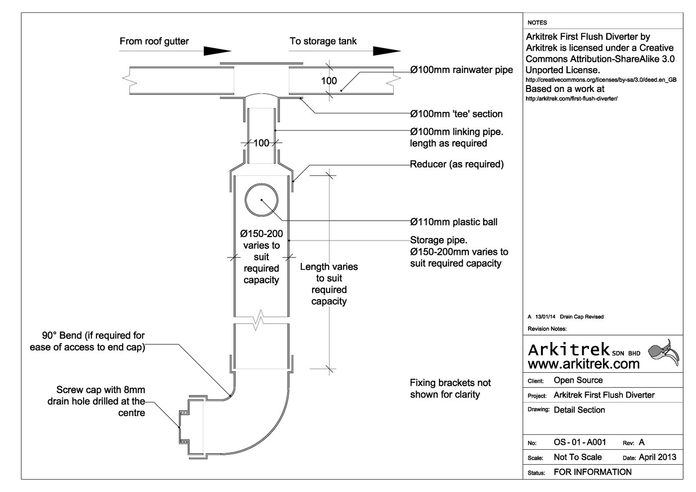 Plano en corte de un desviador de primeras aguas: tubo de 100 mm desde la canaleta, T, tubo de unión, reductor, cámara de 150–200 mm con pelota plástica de 110 mm, codo de 90° y tapa roscada con orificio de drenaje de 8 mm.