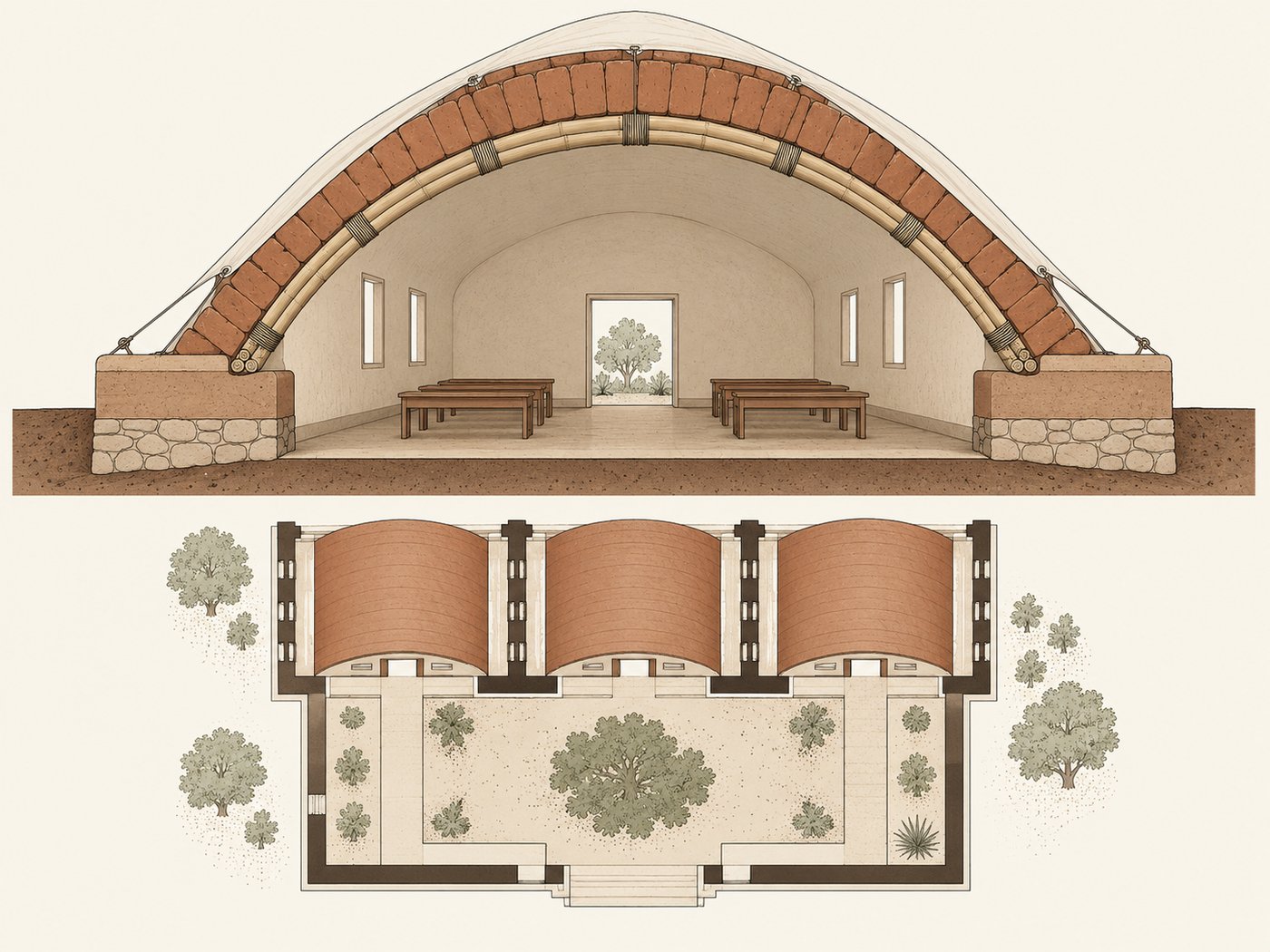 Corte de bóveda antisísmica de adobe reforzada con arco de bambú y membrana tensada, con planta esquemática de un edificio escolar de bóvedas paralelas — render ilustrativo Somos Barro RD