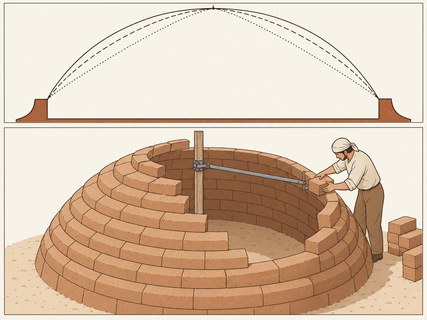 Comparación de la curva ideal antisísmica frente a parábola, catenaria y semicírculo, y construcción de una cúpula de adobe con guía rotatoria — render ilustrativo Somos Barro RD