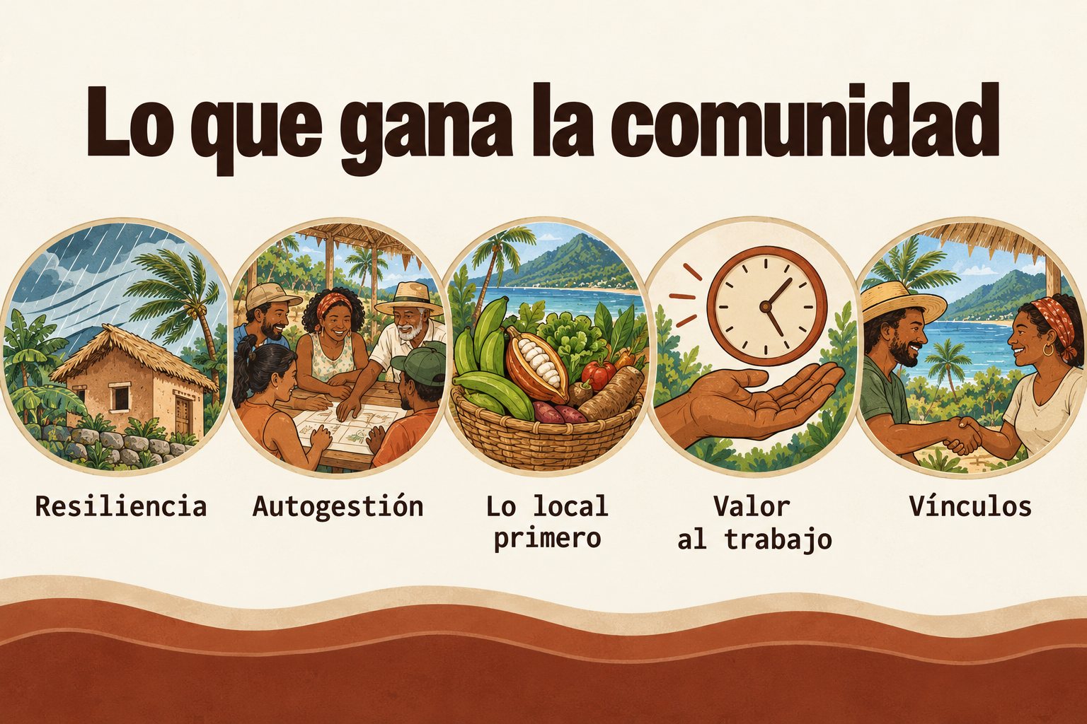 Cinco íconos: resiliencia, autogestión, lo local primero, valor al trabajo, vínculos.