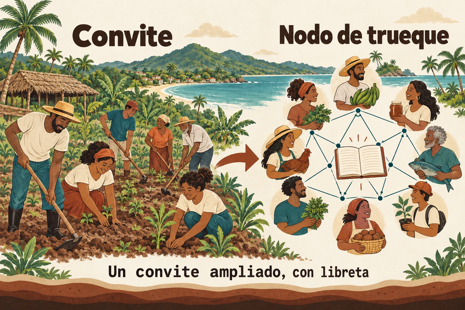 Lado izquierdo: un convite tradicional (gente trabajando junta en un conuco). Lado derecho: un círculo de personas conectadas por flechas en triángulo. Título: “Del convite al nodo”.