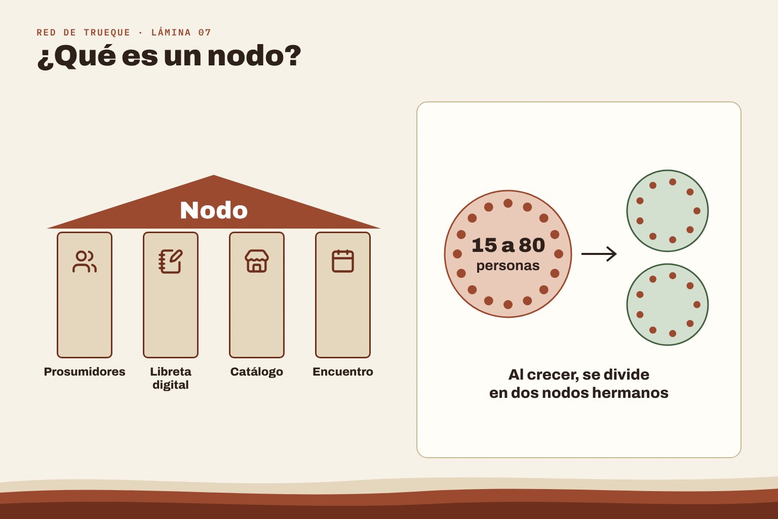 Los cuatro pilares del nodo y su tamaño: de 15 a 80 personas; al crecer, se divide en dos nodos hermanos.