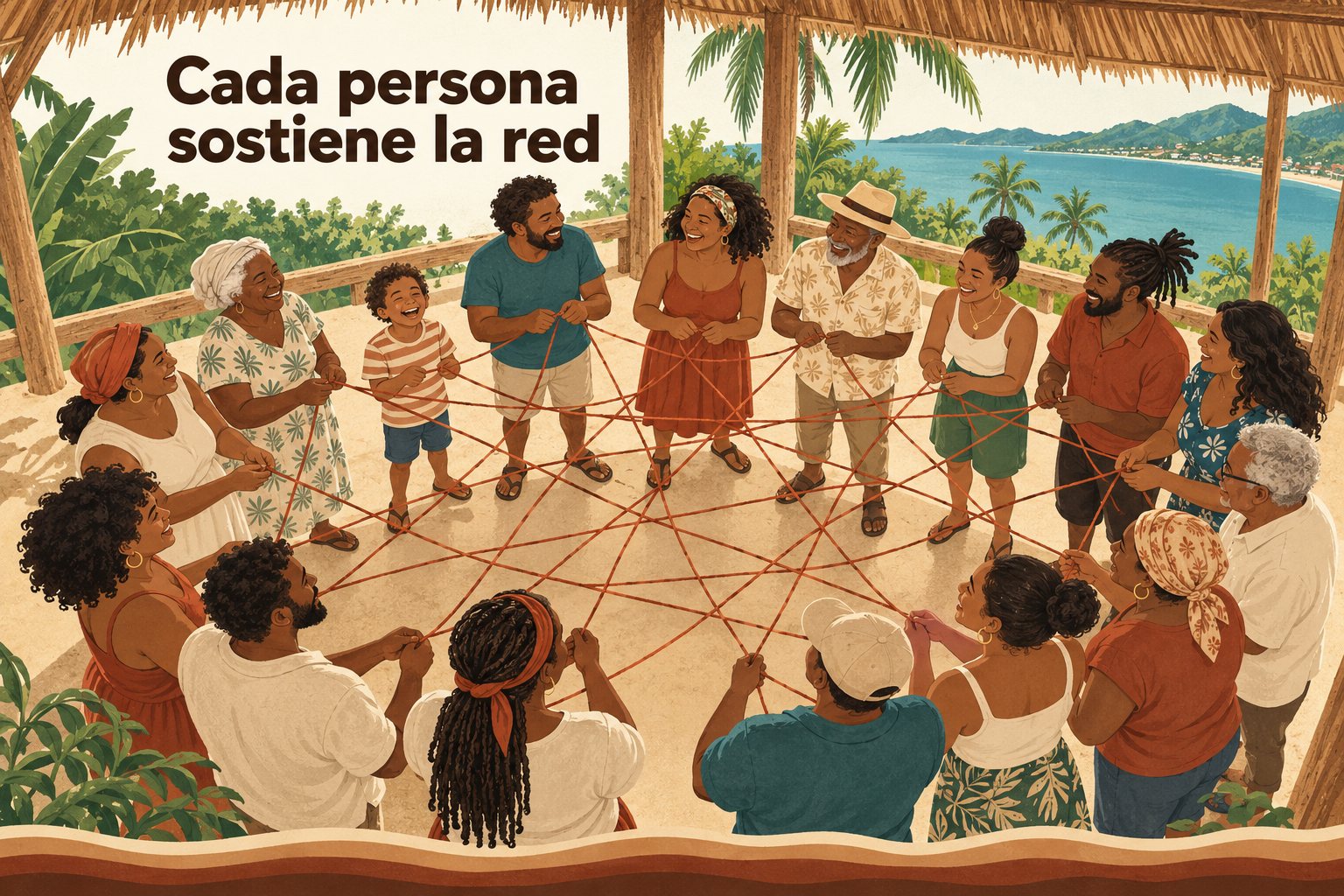 Ilustración de la dinámica de la madeja: personas en círculo con un hilo cruzado formando una red.