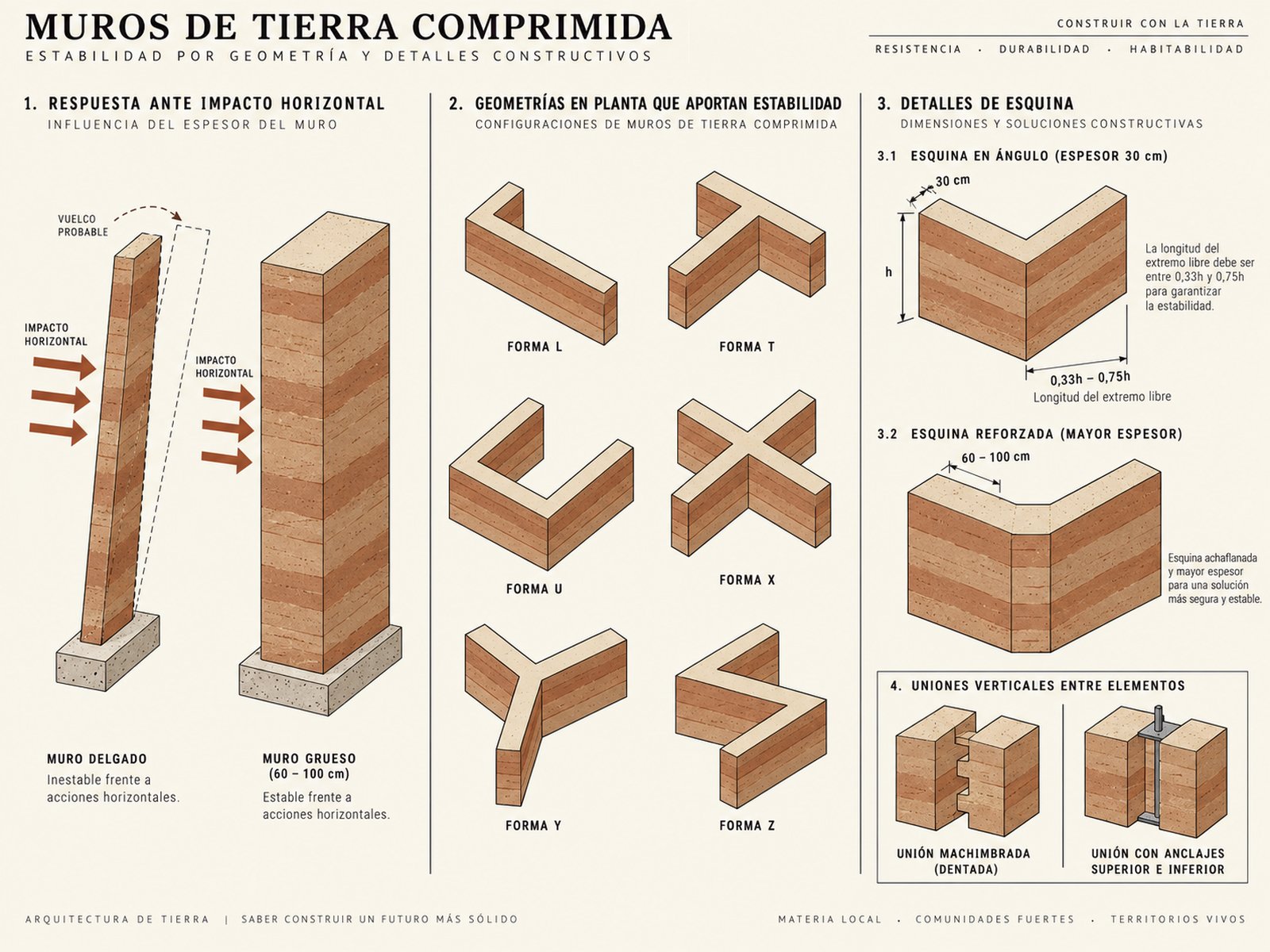 Estabilización de muros de tapial por geometría: muro delgado vs. muro grueso frente a impacto horizontal, las seis formas en planta L/T/U/X/Y/Z, detalle de esquina con las medidas de Minke, y los dos tipos de unión — infografía Somos Barro RD