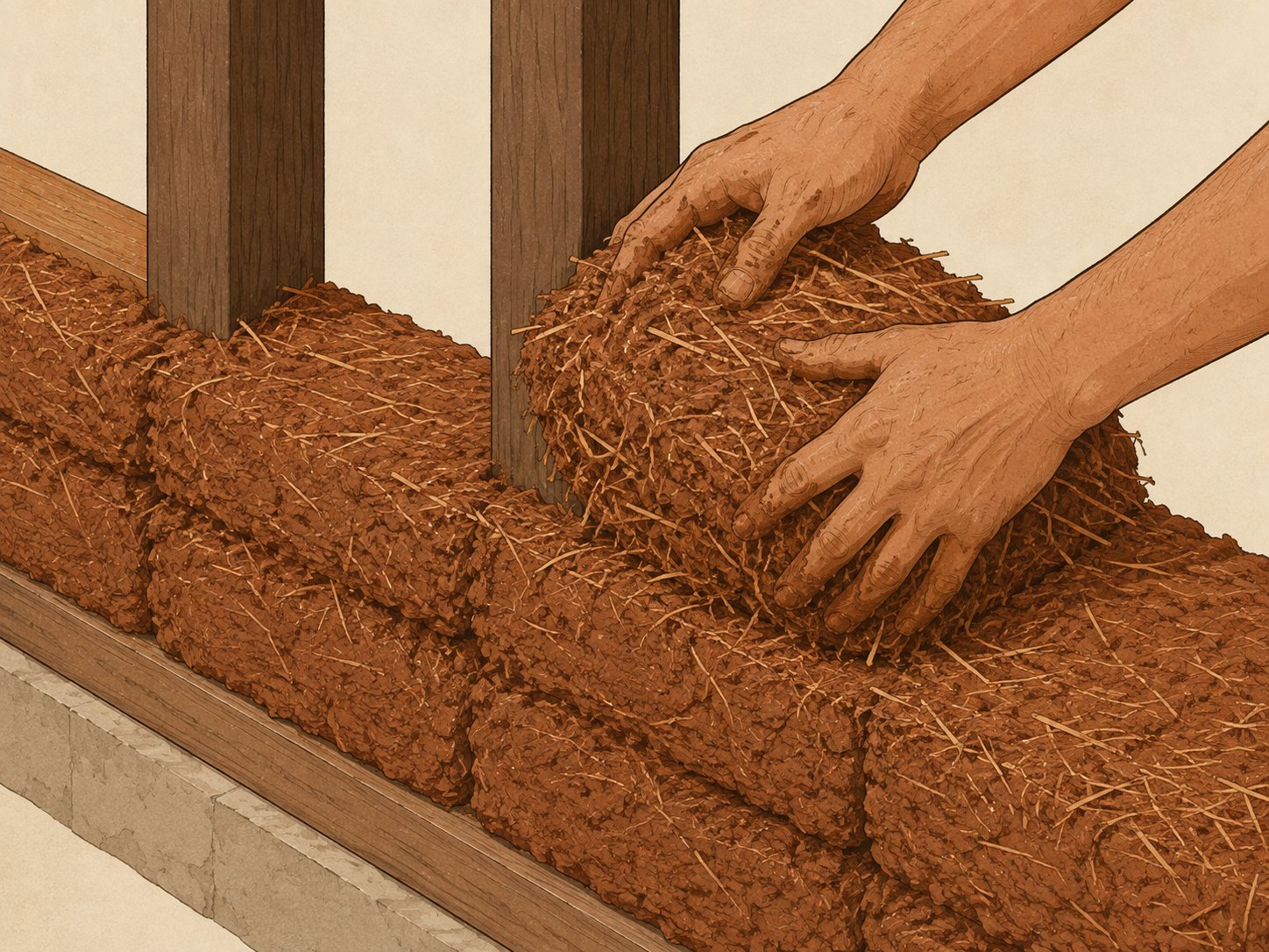 Detalle de manos moldeando y presionando una porción de barro con paja larga sobre una hilada de cob junto a dos postes de madera.