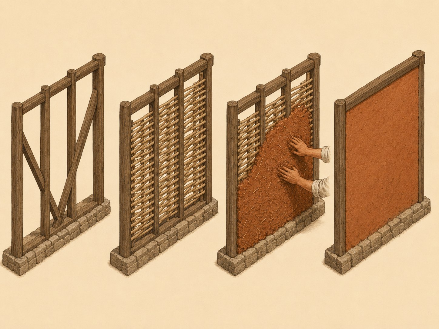 Secuencia ilustrada de la quincha: armado del esqueleto de madera con diagonales, tejido de caña, aplicación de la primera capa de barro con paja, y muro terminado.