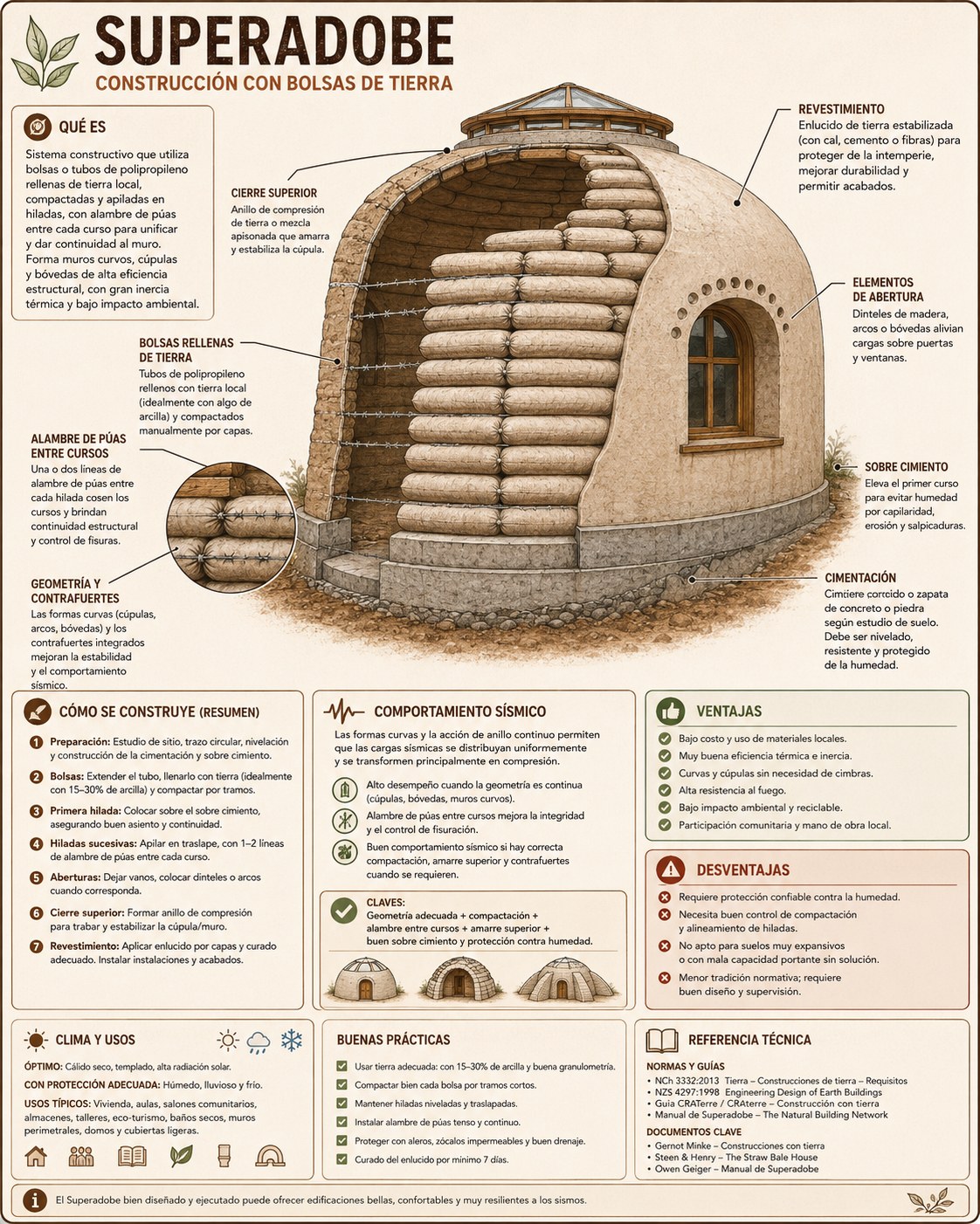 Formas curvas en construcción con tierra — geometría antisísmica, render ilustrativo Somos Barro RD
