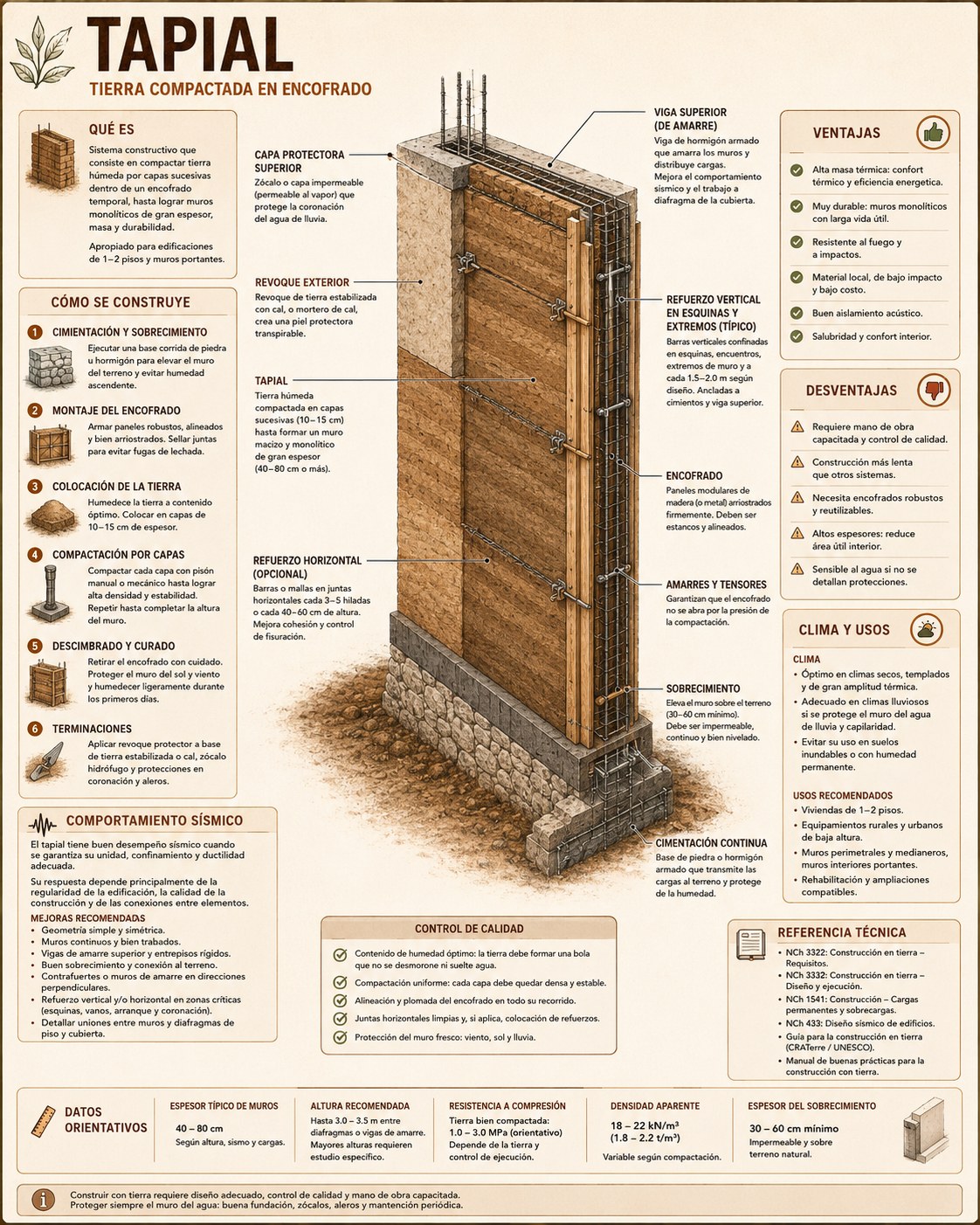 Infografía general de tapial mostrando el proceso constructivo por capas compactadas y sus puntos críticos de refuerzo.